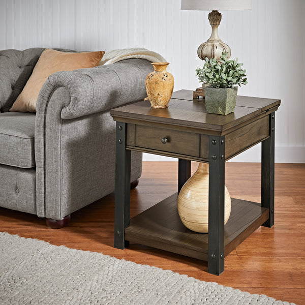 Wood Finish End Table with Built-In Outlets - Antique Grey