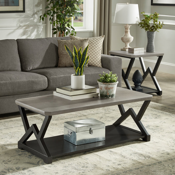 Black Finish Light Gray Fiber Cement Top Table - Coffee and End Table Set