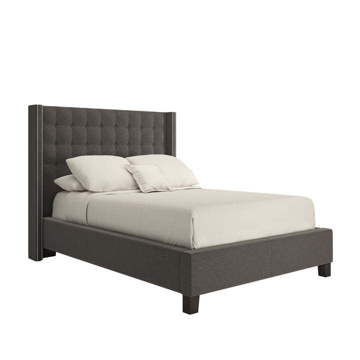Nailhead Wingback Tufted Upholstered Bed - Dark Grey Linen, Queen