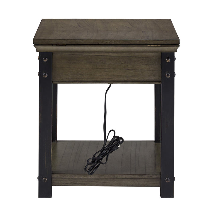 Wood Finish End Table with Built-In Outlets - Antique Gray