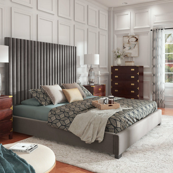 Tufted Solid Wood and Upholstered Platform Bed - Grey Velvet, King