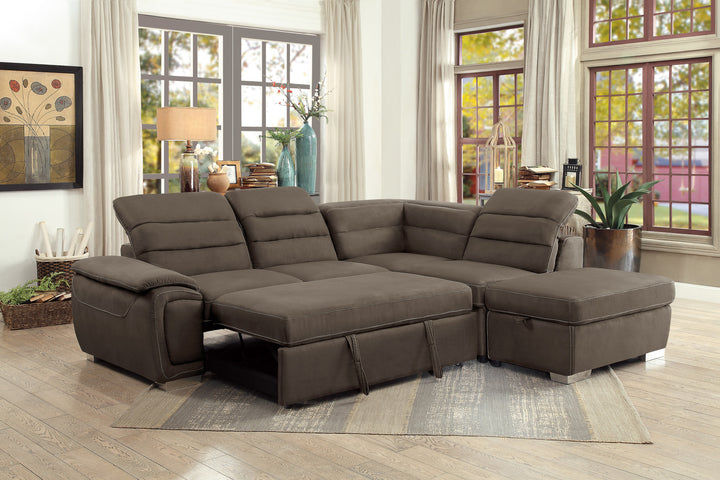 3-Piece Sectional with Adjustable Headrests, Pull-out Bed and Right Chaise with Storage Ottoman