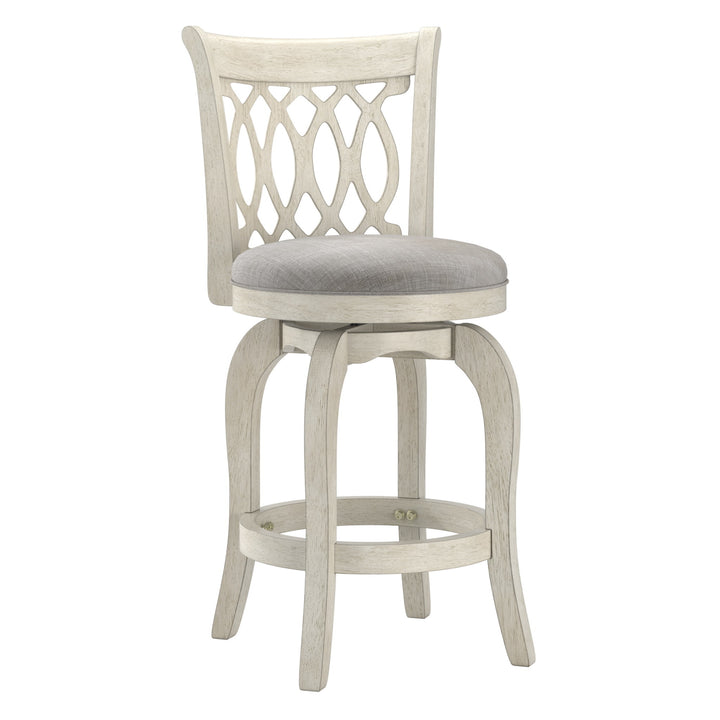 Scroll Back Swivel Stool - 24" Counter Height, Antique White Finish, Grey Linen