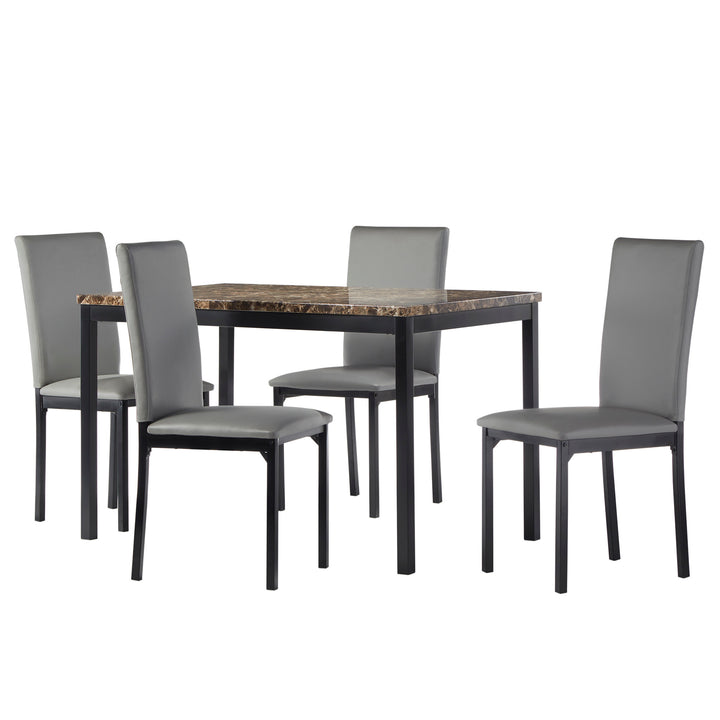 Faux Marble Top 5-Piece Dining Set - Brown Faux Marble, Grey Faux Leather