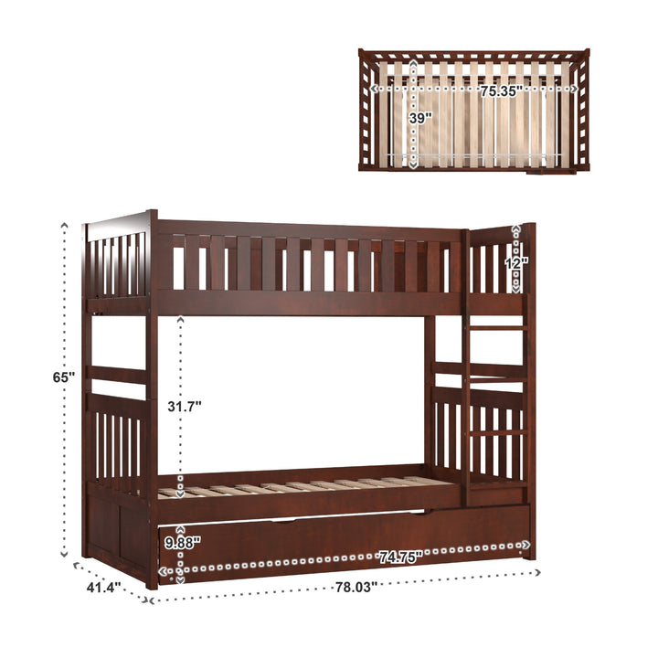 Dark Cherry Finish Kids' Bunk Bed - Twin over Twin, Bunk Bed with Trundle