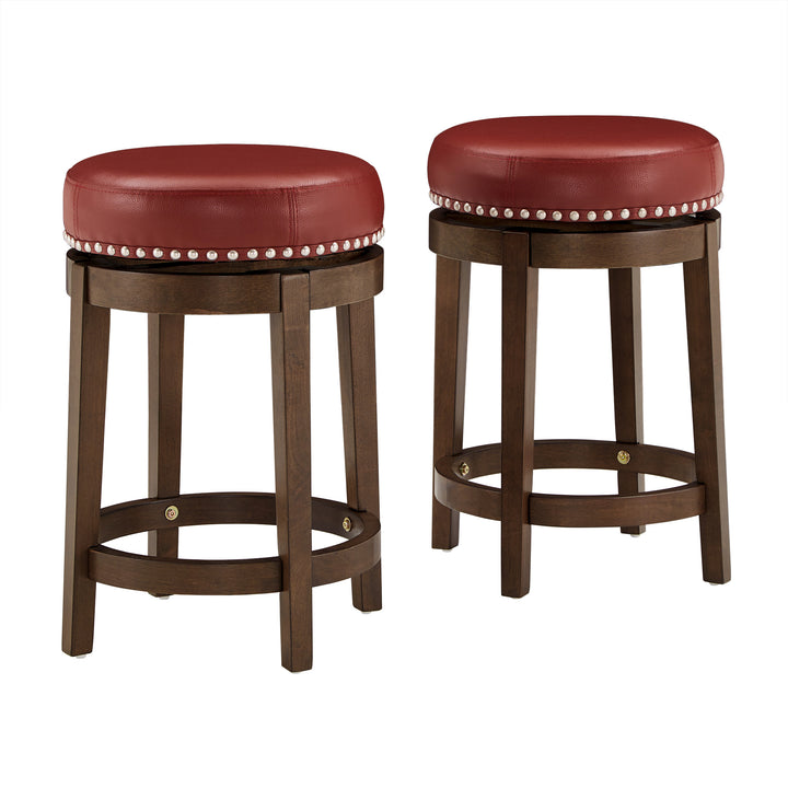 Set Of 2, Brown Finish Red Pu 24" Swivel Counter Height Stool - Red Faux Leather, Counter Height - Red Faux Leather, Counter Height