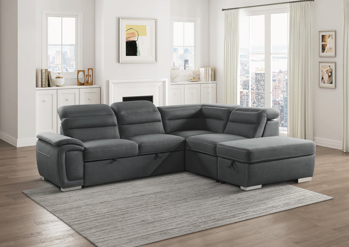 3-Piece Sectional with Adjustable Headrests, Pull-out Bed and Right Chaise with Storage Ottoman
