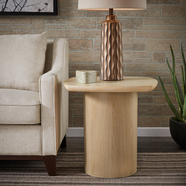 Contemporary Oak-Finished Table with Sturdy Column Base - End Table