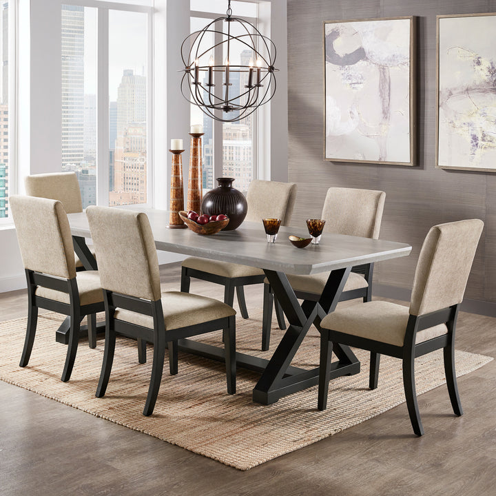 7-piece 92" Black Finish Light Grey Fiber Cement Top Dining Set