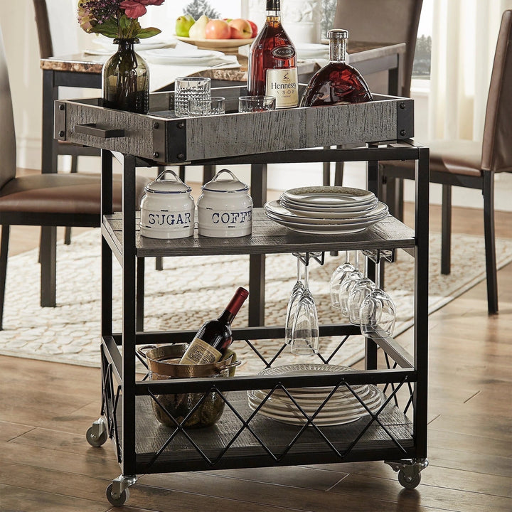 Rustic Serving Cart with Wine Inserts and Removable Tray Top - Grey Finish