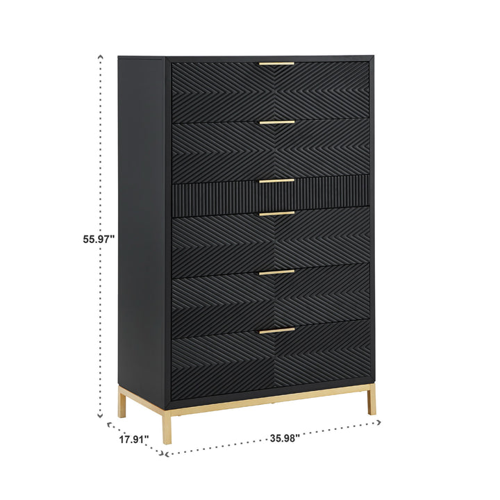 36" Wide 6 - Drawer Chest - Black Finish, Gold Accent