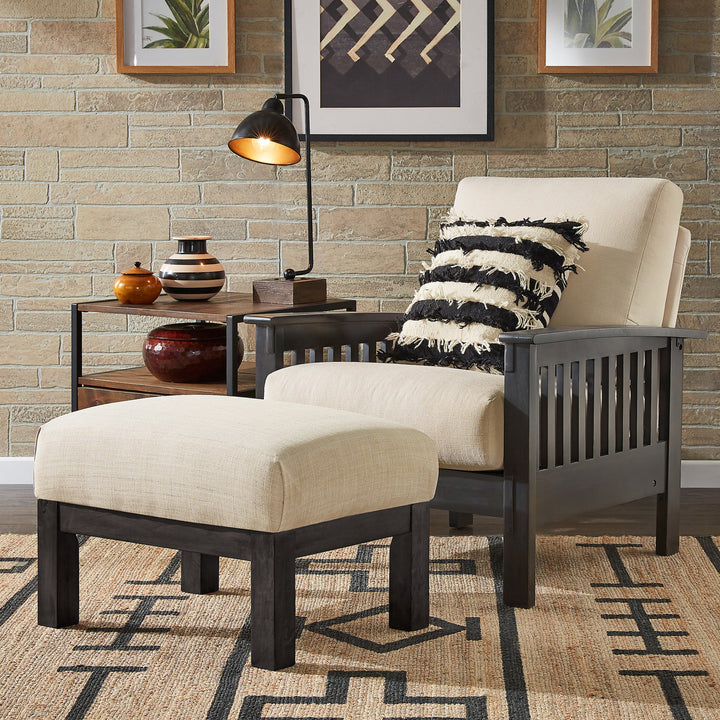 Mission-Style Wood Accent Chair with Ottoman Beige Linen, Dark