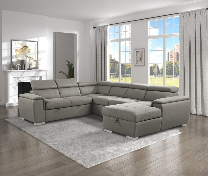 4-Piece Sectional with Adjustable Headrests, Pull-out Bed and Right Chaise with Hidden Storage