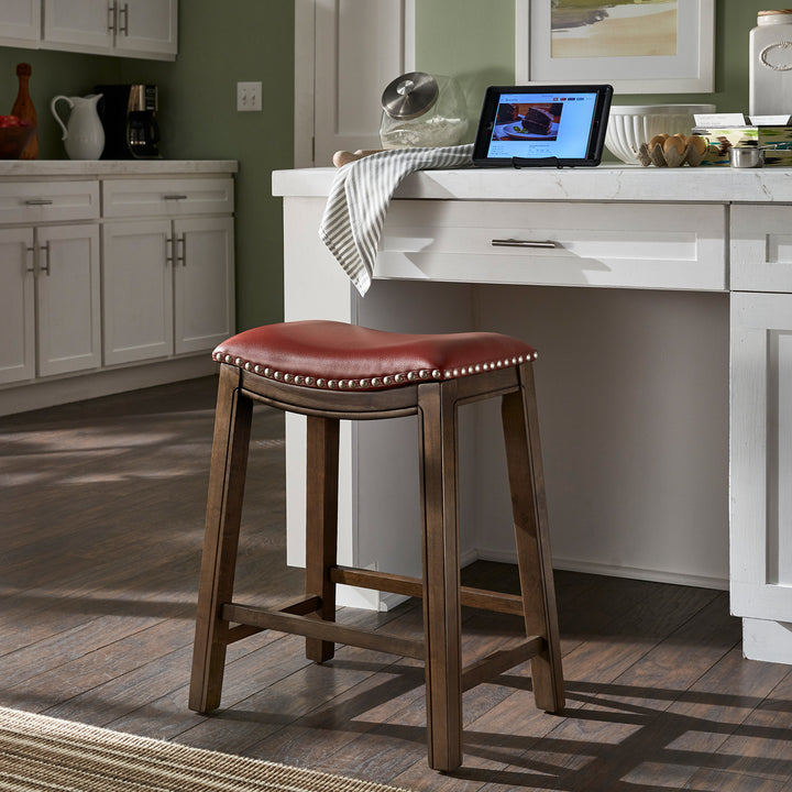 Brown Finish Red Pu 24" Counter Height Stool - Red Faux Leather, Counter Height - Red Faux Leather, Counter Height