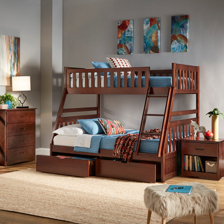 Dark Cherry Finish Kids' Bunk Bed - Twin over Full, Bunk Bed with Storage Drawers