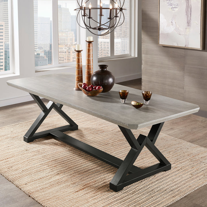 7-piece 92" Black Finish Light Grey Fiber Cement Top Dining Set