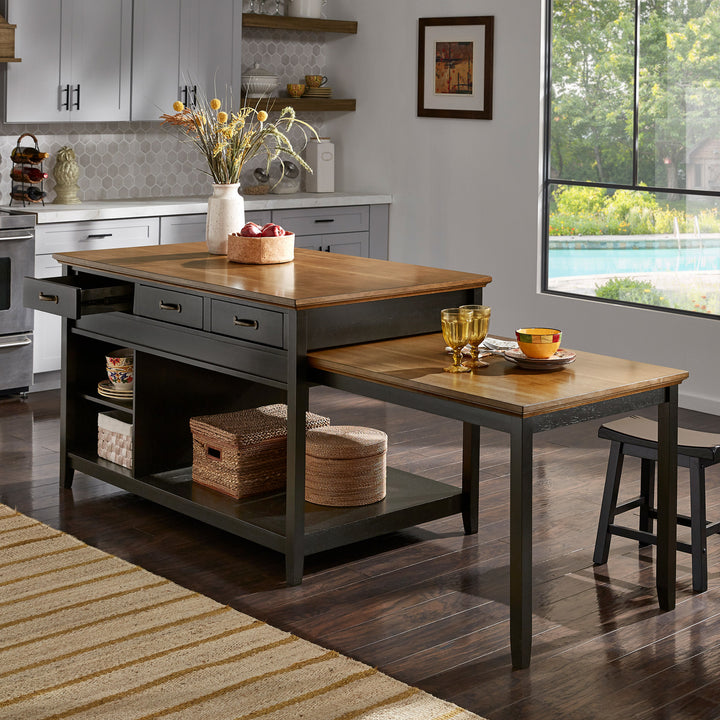 Two-Tone Antique Finish Extendable Kitchen Island with 3 Drawers - Oak Finish Top with Antique Black Base