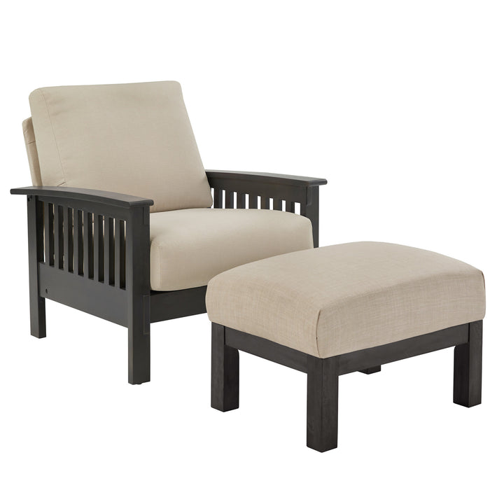 Mission-Style Wood Accent Chair with Ottoman - Beige Linen, Dark Grey Finish