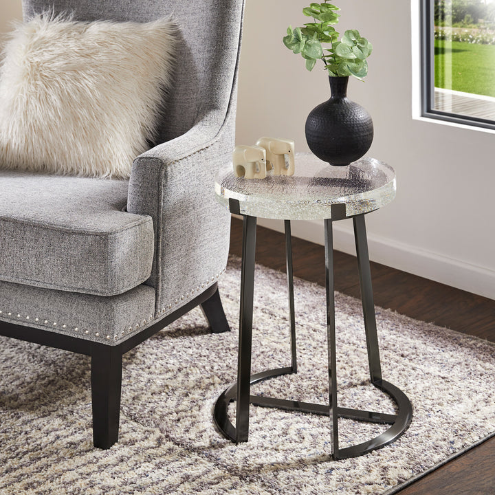 Stainless Steel Cast Glass Top Table - Iron Gray Finish, Round End Table