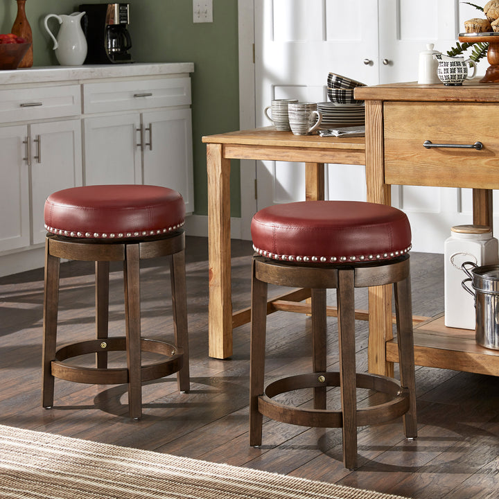 Set Of 2, Brown Finish Red Pu 24" Swivel Counter Height Stool - Red Faux Leather, Counter Height - Red Faux Leather, Counter Height