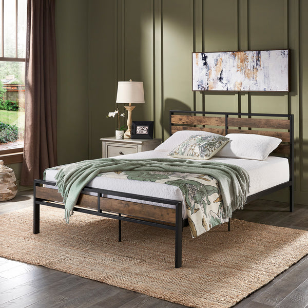 Low Profile Metal Platform Bed with Wood Finish Panels - Black, Queen