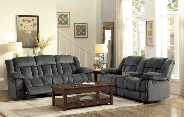 Laurelton Charcoal Textured Plush Microfiber Double Reclining Sofa