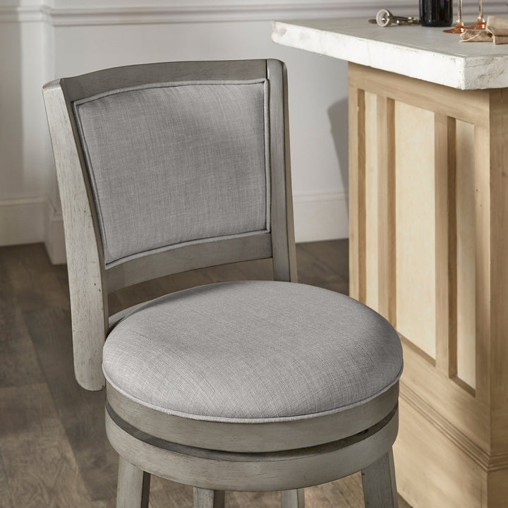 Upholstered Back Swivel Stool - 24" Counter Height, Antique Grey Finish, Grey Linen