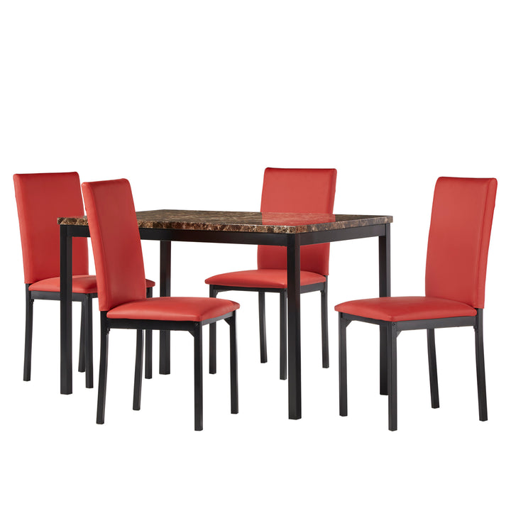 Faux Marble Top 5-Piece Dining Set - Brown Faux Marble, Red Faux Leather