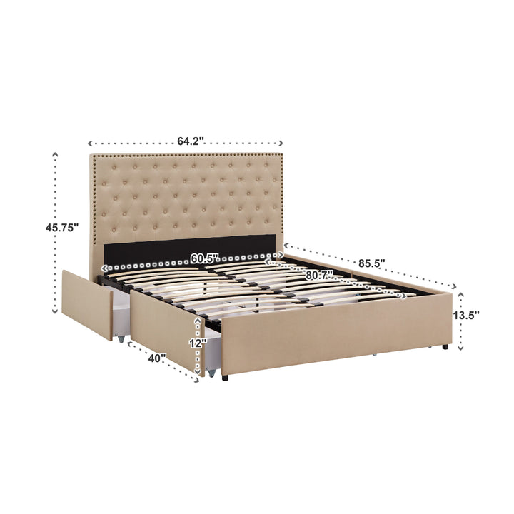 Nailhead Linen Headboard Storage Platform Bed - Queen Size (Queen Size)