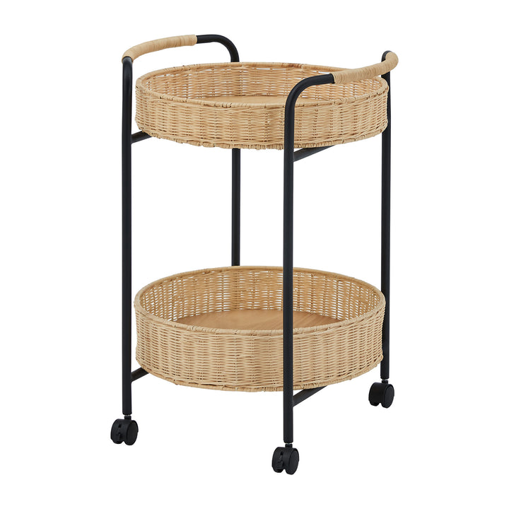 18" 2-Tier Rattan Baskets Serving Cart with Black Metal Frame on Wheels