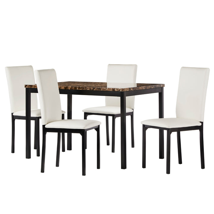 Faux Marble Top 5-Piece Dining Set - Brown Faux Marble, White Faux Leather