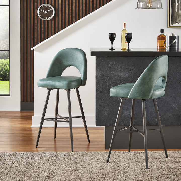 Metal Swivel Stools (Set of 2) - Teal PU Leather, 29" Bar Height