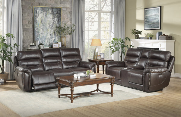 Power Double Reclining Loveseat with Console, Power Headrests & Usb Ports, Brown Top Grain Leather Match Pvc