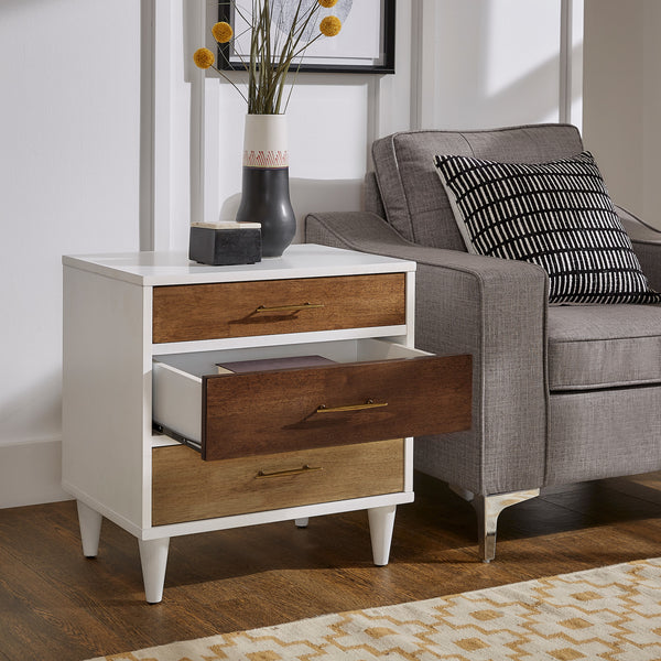 White and Natural Finish 3-Drawer Nightstand