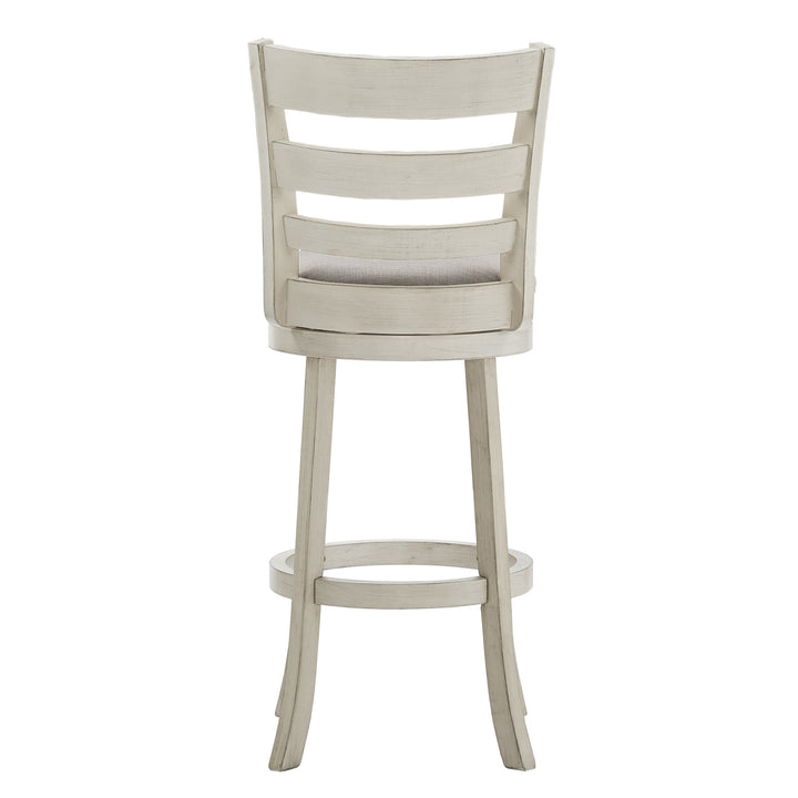 Ladder Back 29"H Swivel Bar Stool - Antique White Finish, Gray Linen