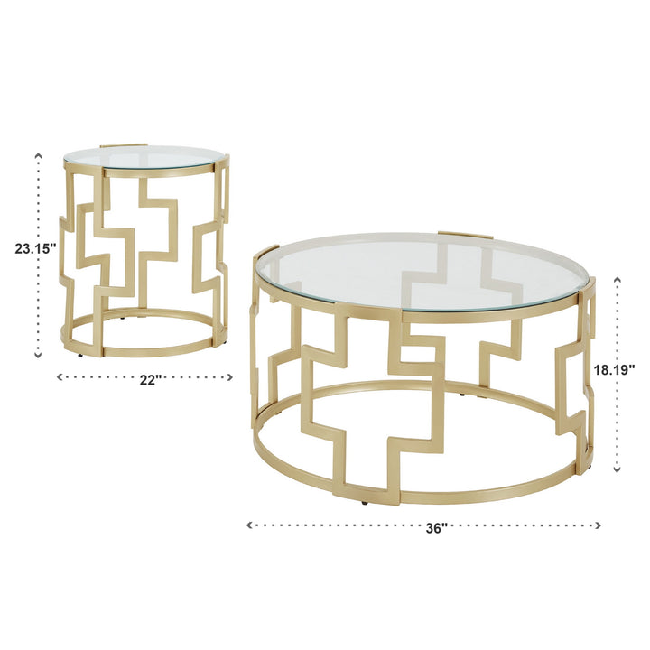 Matte Gold Finish, Clear Glass Top Table Set - End Table and Coffee Table