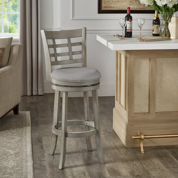 Window Back 29"H Swivel Bar Stool - Antique Gray Finish, Gray Linen