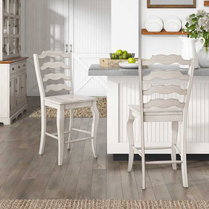 French Ladder Back Wood Counter Height Chairs (Set of 2) - Antique White
