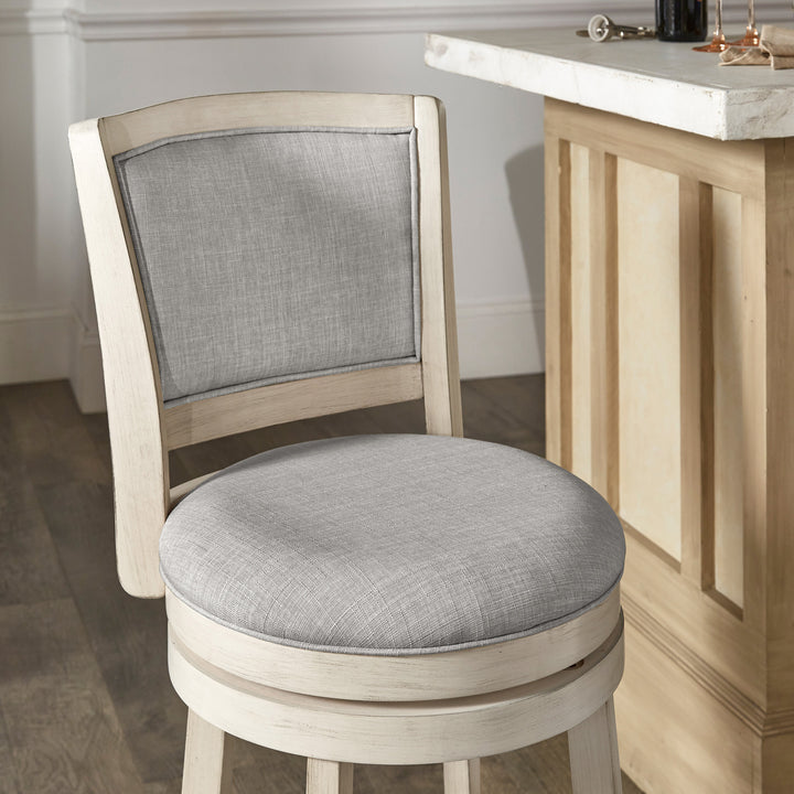 Upholstered Back Swivel Stool - 24" Counter Height, Antique White Finish, Grey Linen