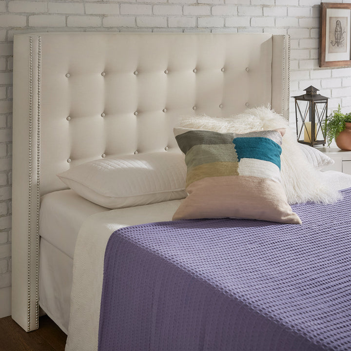Nailhead Wingback Tufted Upholstered Bed - Cream White Linen, Full
