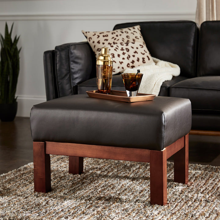 Mission-Style Wood Ottoman - Dark Brown Faux Leather, Oak Finish
