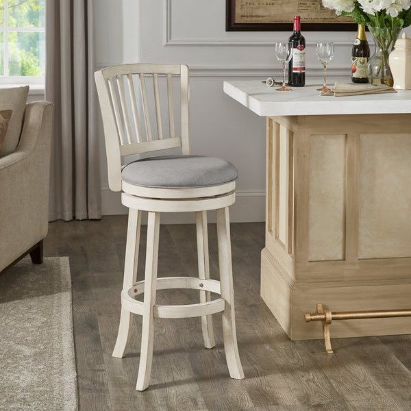 Slat Back Swivel Chair - 29" Bar Height, Antique White Finish, Grey Linen