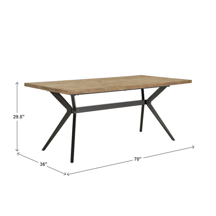 70" Iron Gray Metal Base Dining Table with Upholstered Chairs Set - Light Pine Wood Finish Tabletop, 4 Dark Gray Herringbone Fabric Chairs