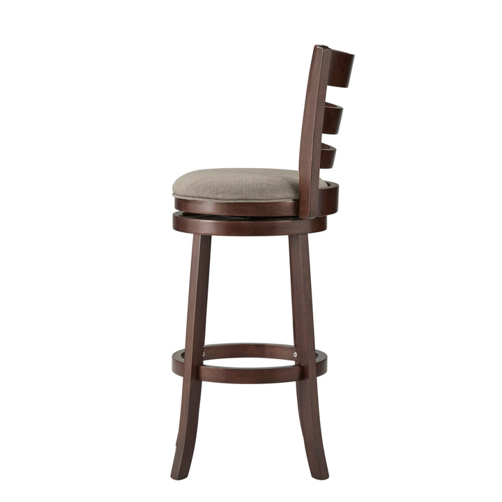 Ladder Back 29"H Swivel Bar Stool - Dark Cherry Finish, Gray Linen