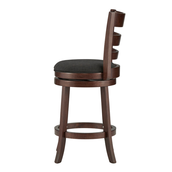 Ladder Back 24"H Swivel Counter Height Stool - Dark Cherry Finish, Dark Grey Linen
