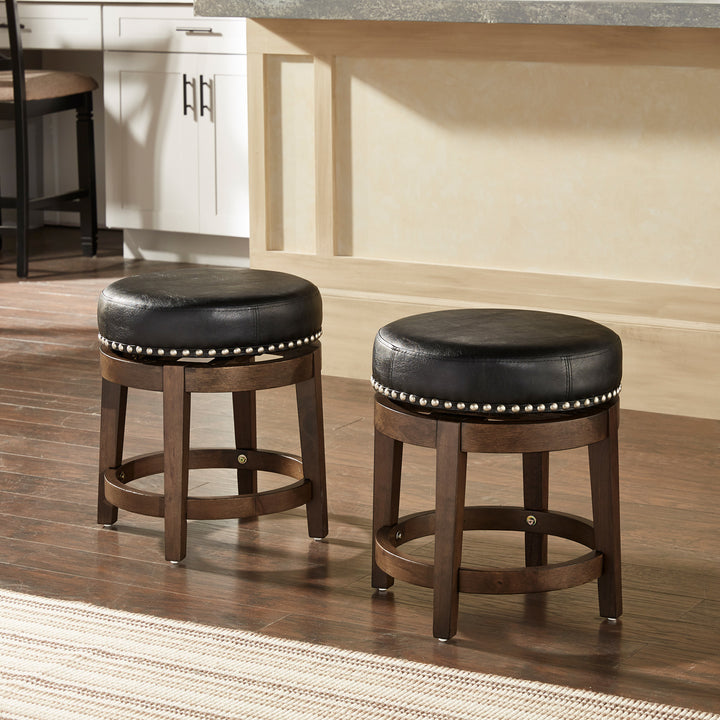 Set Of 2, Brown Finish Black Pu 18" Swivel Stool - Black Faux Leather, Dining Height - Black Faux Leather, Dining Height