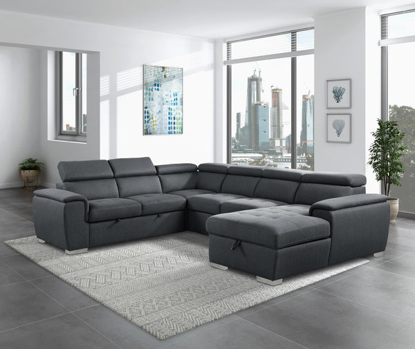 4-Piece Sectional with Adjustable Headrests, Pull-out Bed and Right Chaise with Hidden Storage