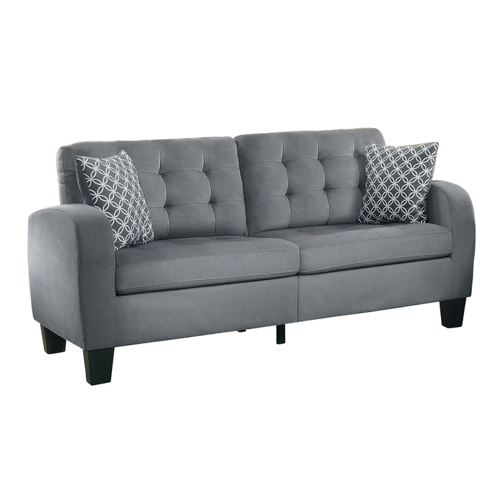 Black Finish Grey Fabric Sofa With 2 Pillows