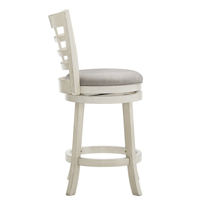 Window Back 24"H Swivel Counter Height Stool - Antique White Finish, Gray Linen