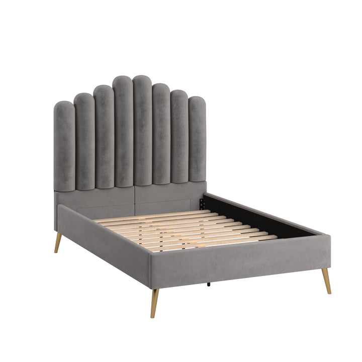 Art Deco Velvet Upholstered Platform Bed - Grey, Full